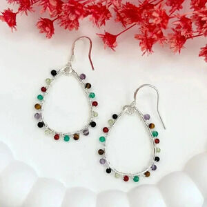 Sterling Silver Rainbow Quartz Gemstone Lined Teardrop Vintage Hoop Earrings